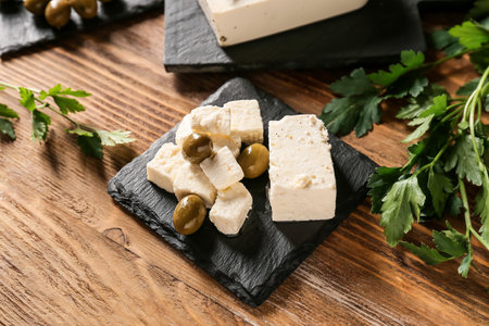 Slate plate with tasty feta cheese, olives and parsley on wooden background, closeupの写真素材