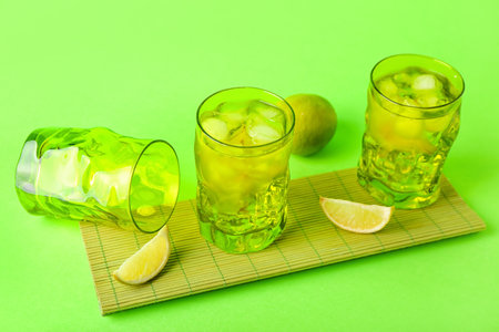 Glasses of tasty cocktail and limes on color backgroundの写真素材