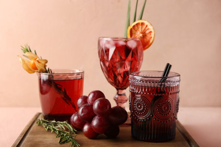 Composition with glasses of tasty cocktails on color background, closeupの写真素材