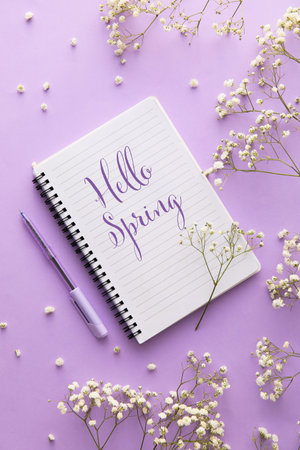 Notebook with text HELLO SPRING and gypsophila flowers on color backgroundの写真素材