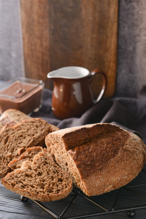 Fresh wholegrain bread on tableの写真素材
