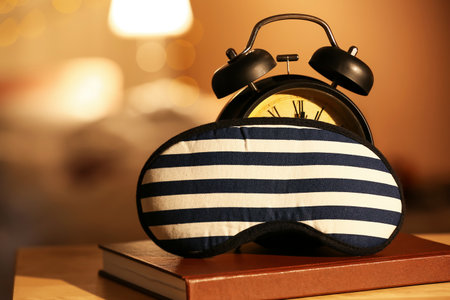 Stylish sleeping mask, notebook and alarm clock on table in bedroomの写真素材