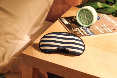 Stylish sleeping mask on wooden table in the bedroomの写真素材