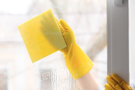 Woman cleaning window in room, closeupの写真素材
