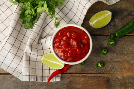 Bowl of tasty salsa sauce with ingredients on wooden backgroundの写真素材