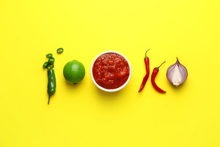 Bowl of tasty salsa sauce with ingredients on color backgroundの写真素材