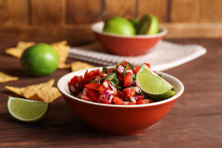 Bowl of tasty Pico de Gallo salsa on tableの写真素材