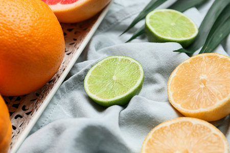 Fresh citrus fruits on fabric background, closeup