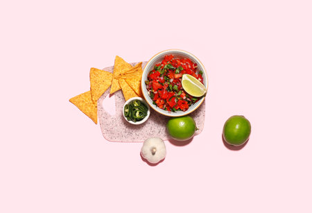 Bowl of tasty Pico de Gallo salsa and nachos on color backgroundの写真素材