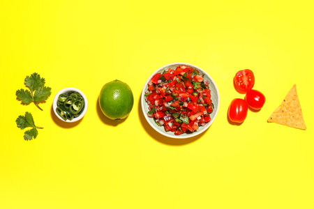 Bowl of tasty Pico de Gallo salsa on color background