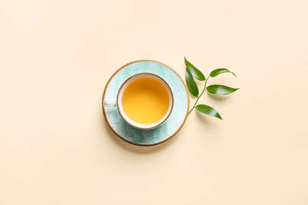 Cup of tea and green leaves on color backgroundの写真素材