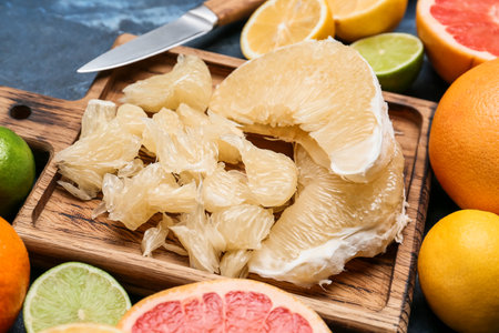 Board with pomelo slices and fruits on color backgroundの写真素材