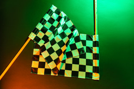 Racing flags on dark color backgroundの写真素材