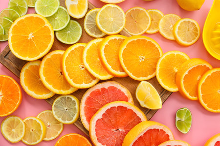 Slices of citrus fruits on color background, closeupの写真素材