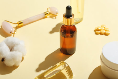 Composition with cosmetic dropper bottle and bath supplies on color background, closeupの写真素材