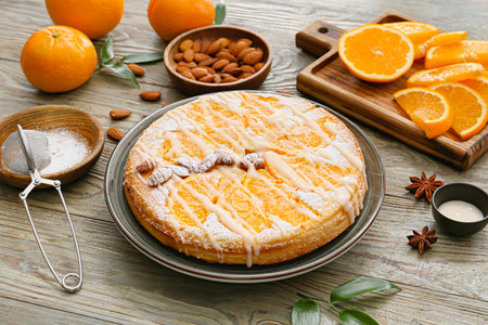 Plate with tasty orange pie and ingredients on wooden backgroundの写真素材
