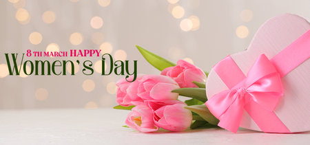 Beautiful greeting card for International Women's Day celebration with tulip flowers and box