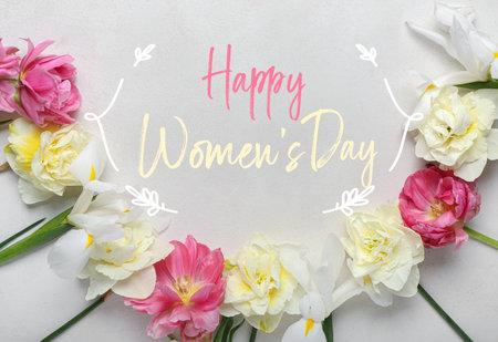 Beautiful greeting card for International Women's Day celebration with spring flowersの写真素材