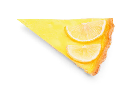 Slice of tasty lemon tart on white backgroundの写真素材
