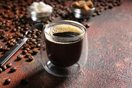 Cup of hot turkish coffee on grunge background, closeupの写真素材