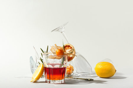 Glass of tasty cocktail on light backgroundの写真素材