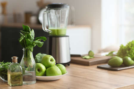 Ingredients for healthy smoothie on kitchen tableの写真素材