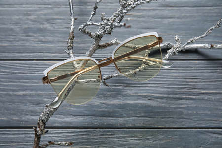 Stylish eyeglasses on gray wooden backgroundの写真素材