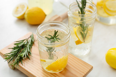 Glasses of tasty lemonade with rosemary on light backgroundの写真素材