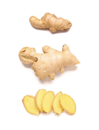 Fresh ginger with slices on white background