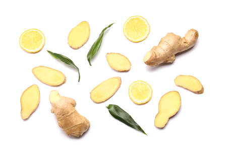 Fresh ginger with lemon on white backgroundの写真素材