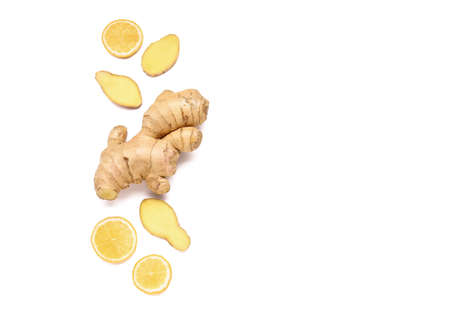 Fresh ginger with lemon on white background