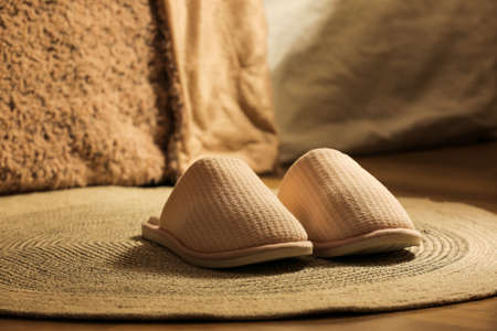 Female beige slippers on rug at homeの写真素材
