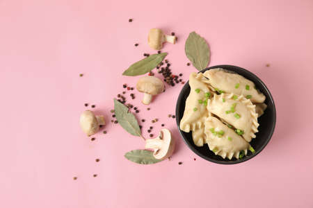 Bowl with tasty dumplings and mushrooms on color backgroundの写真素材