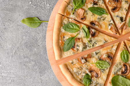 Tasty vegetarian pizza on gray background, closeup