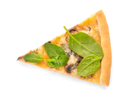 Slice of delicious vegetarian pizza on white background