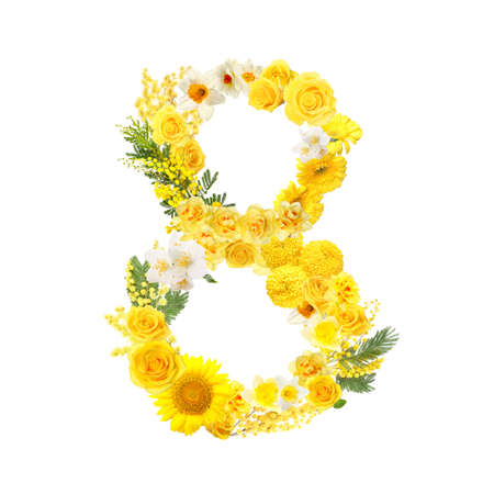 Figure 8 made of beautiful yellow flowers on white backgroundの写真素材