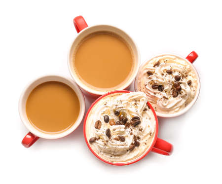 Cups of tasty coffee on white backgroundの写真素材