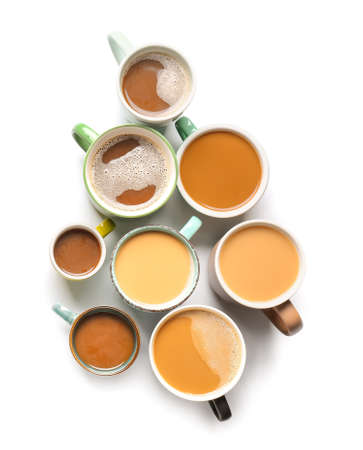 Cups of tasty coffee on white backgroundの写真素材