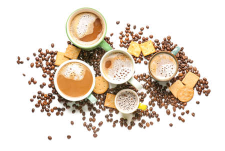 Cups of tasty coffee and crackers on white background