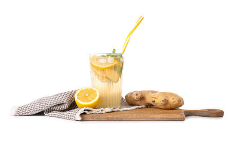 Glass of cold ginger lemonade on white background