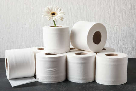 Rolls of toilet paper and flower on light backgroundの写真素材