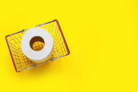Shopping basket with roll of toilet paper on color backgroundの写真素材