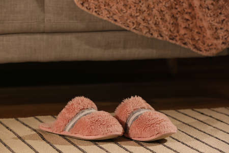Female soft slippers on rug at home, closeupの写真素材