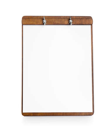 Wooden clipboard with blank sheet of paper on white backgroundの写真素材
