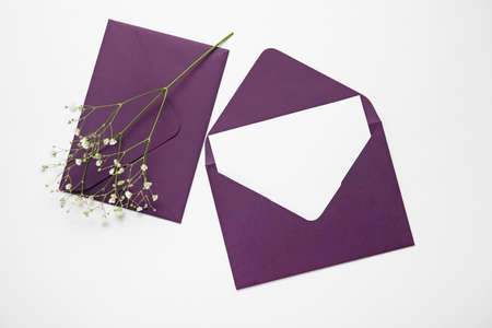 Envelopes with blank card and flowers on white backgroundの写真素材