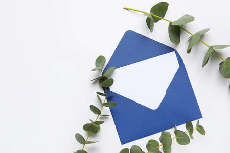 Envelope with blank card and eucalyptus on white backgroundの写真素材
