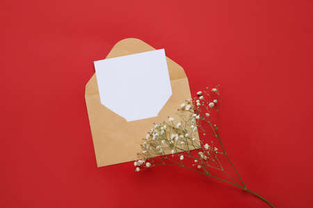 Envelope with blank card and flowers on color background
