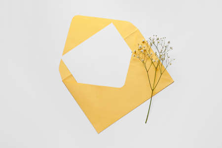 Envelope with blank card and flowers on white backgroundの写真素材