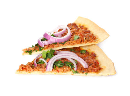 Slices of delicious Turkish pizza on white backgroundの写真素材