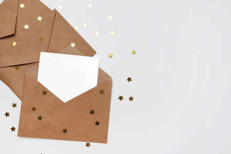 Envelopes with blank card on white backgroundの写真素材